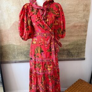FARM Rio Red Wrap Dress with Puff Sleeves and Tiered Ruffles